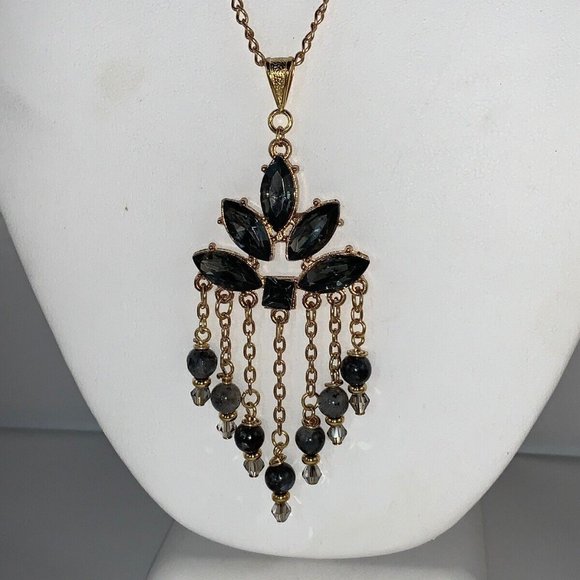 Handmade Jewelry - Gold Tone Chain Necklace W/Silver Crystals & Gray Bead Chandelier Pendant (NA30)